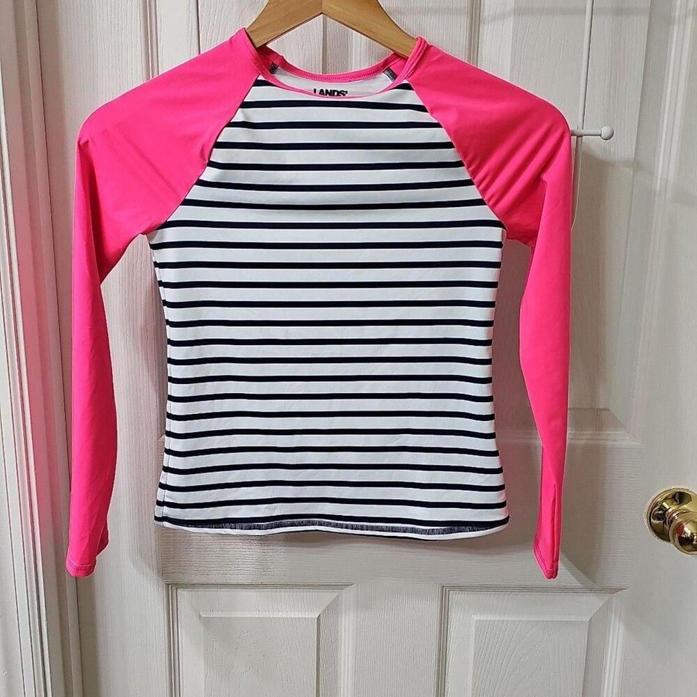 Lands' End Girls Size 10S Long Sleeve Striped Rash Guard Swim Top